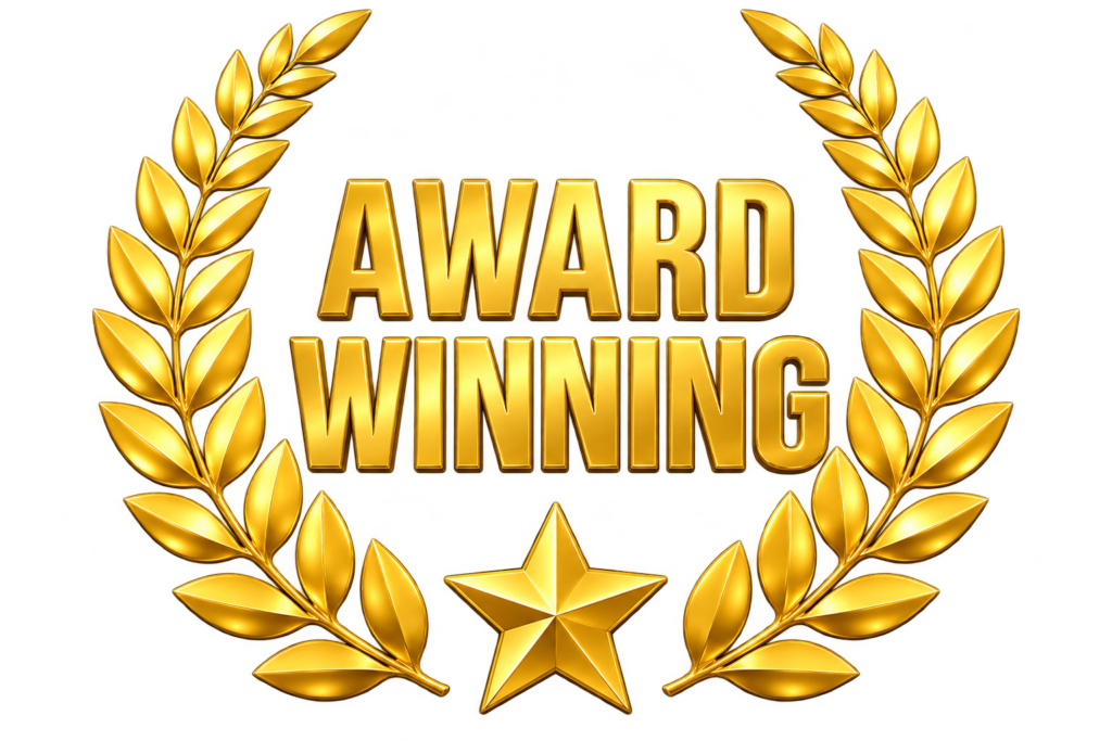 A gold laurel wreath shaped like a perfectly cleared driveway surrounds the bold gold words AWARD WINNING, with a shining gold star at the bottom center—standing out like freshly plowed pavement after a storm. - Snow Removal New York City