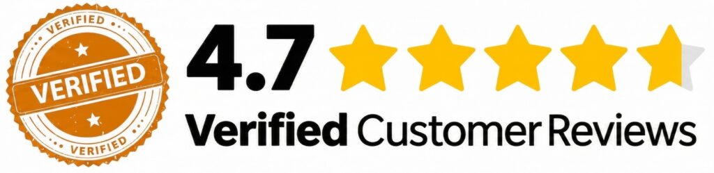Orange verified badge next to bold black text that says 4.7 Verified Customer Reviews, with five yellow stars beneath it—four fully filled and one partially filled—showing a 4.7 out of 5 snow removal satisfaction rating from customers. - Snow Removal New York City