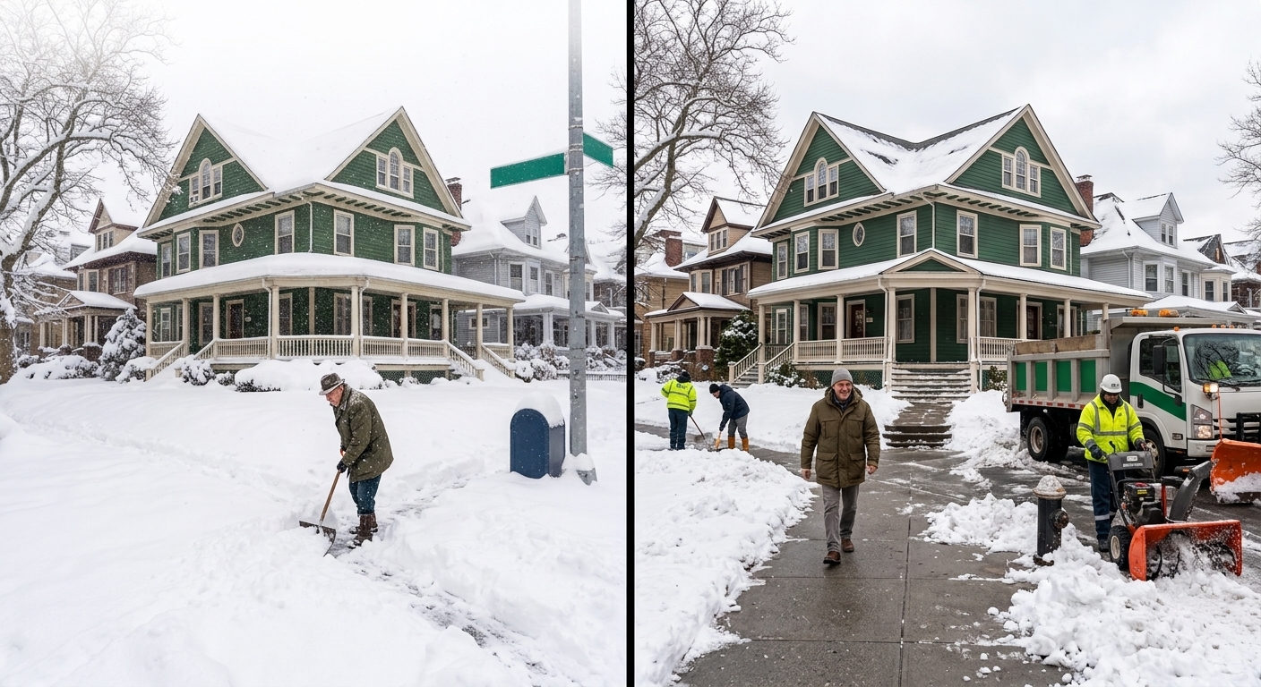 Two photos side by side feature a green house during winter conditions. On the left, an individual is manually shoveling snow from the sidewalk. On the right, professional crew members in proper safety gear are efficiently removing snow with commercial-grade equipment as a pedestrian passes by, illustrating effective and safe snow management solutions. - Snow Removal New York City