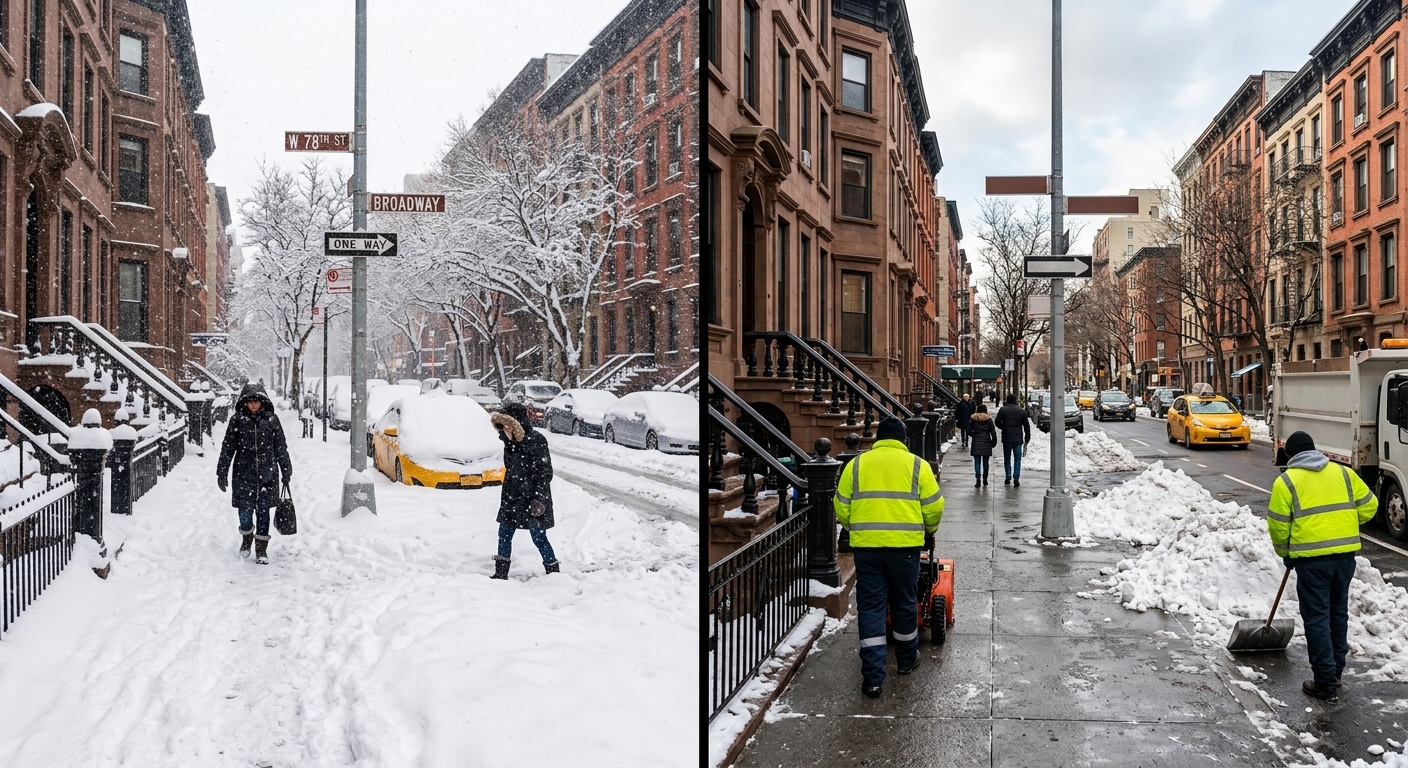 A side-by-side comparison of our snow removal services: Left side shows the street, cars, and sidewalks buried under heavy snowfall before work begins. Right side demonstrates our results—sidewalks efficiently cleared of snow, with workers on site and pedestrians able to move safely. - Snow Removal New York City