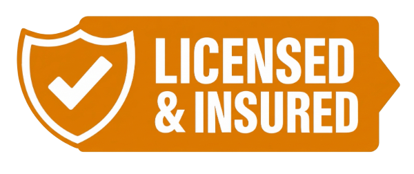 An orange badge featuring a white shield and checkmark sits beside bold white lettering that says LICENSED INSURED—showing customers our crew is fully qualified and ready for safe, reliable snow removal. - Snow Removal New York City