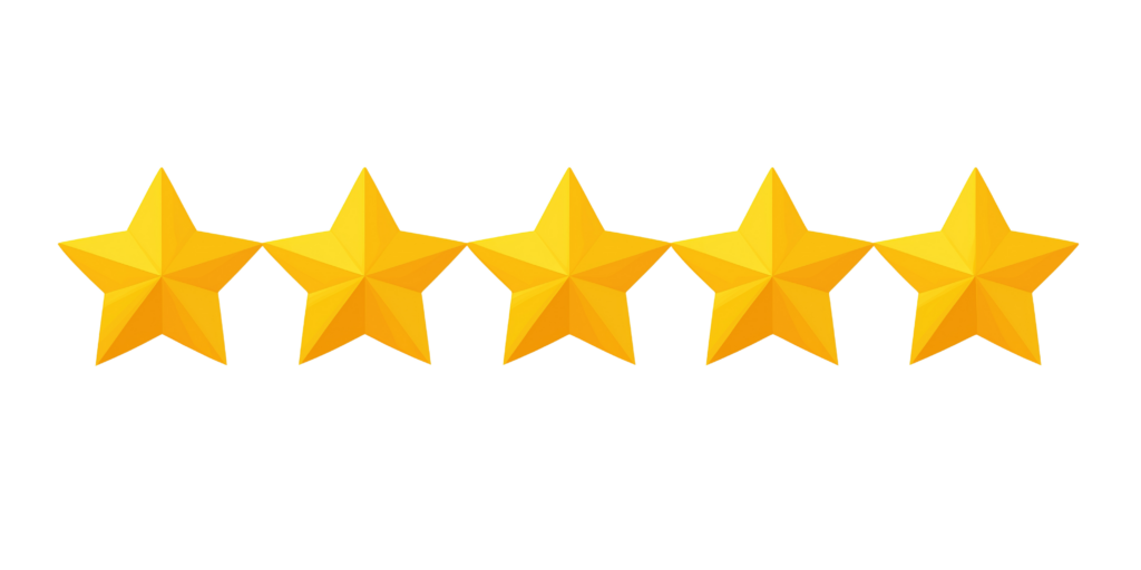 Five bright yellow stars are lined up neatly in a row on a clean white background, showing off a top-tier five-star rating—just like the kind of job we aim to deliver after every snow removal, leaving your property clear and spotless. - Snow Removal New York City