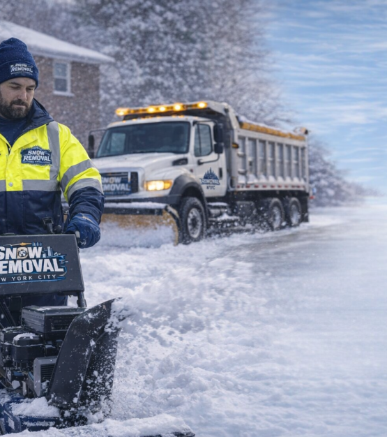 Our crew member, equipped with full winter gear, efficiently operates a Snow Removal New York City snow blower. Just behind him, our dedicated snow plow truck is clearing the street. Residential houses and trees heavy with fresh snow can be seen in the background as we work to keep the neighborhood safe and accessible. - Snow Removal New York City