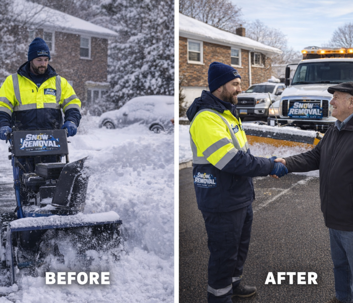 In the before image, our technician is hard at work, using a professional-grade snow blower to clear a customer’s driveway while wearing safety yellow gear. The after image shows the job complete—a satisfied client shakes hands with our operator in front of one of our service trucks on a freshly cleared street. - Snow Removal New York City