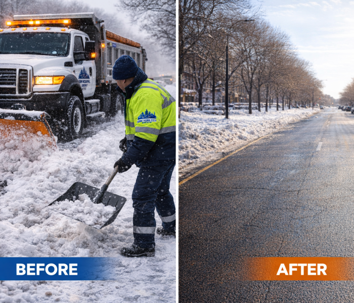 In the before image, our crew member is hard at work shoveling snow alongside one of our reliable snow plows on a winter street. In the after image, you can see our completed job: the street is thoroughly cleared and ready for traffic, with cars safely parked along both sides. - Snow Removal New York City